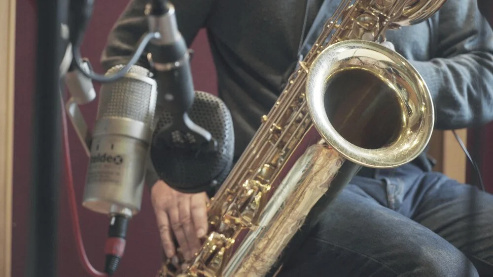 A baritone saxophone in the studio